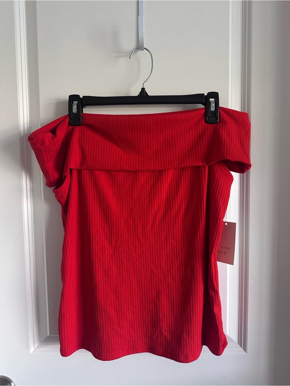 a new day Off-the-Shoulder Ribbed Red Crop Top